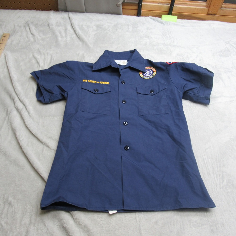 Boys Scouts of America Shirt Youth Medium Blue Pockets Short Sleeve Button Up‎